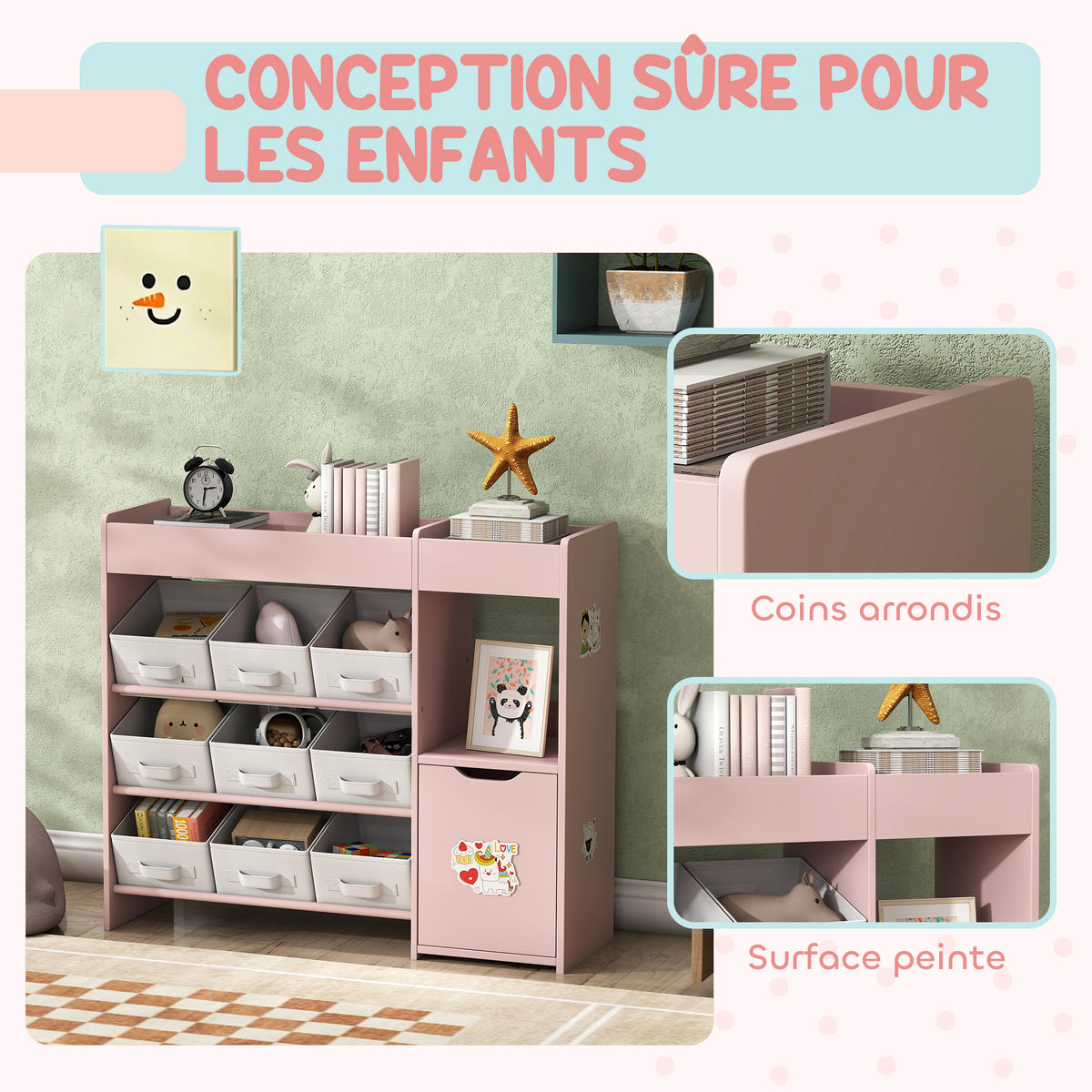 Meuble rangement enfant étagère de rangement pour jouets enfants avec 9 tiroirs en tissu et placard, rose