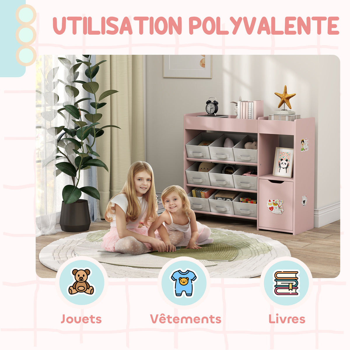 Meuble rangement enfant étagère de rangement pour jouets enfants avec 9 tiroirs en tissu et placard, rose